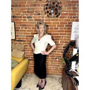 Vintage Albert Nipon Womens White & Black Short Puffed Sleeve Sheath Dress Sz 4